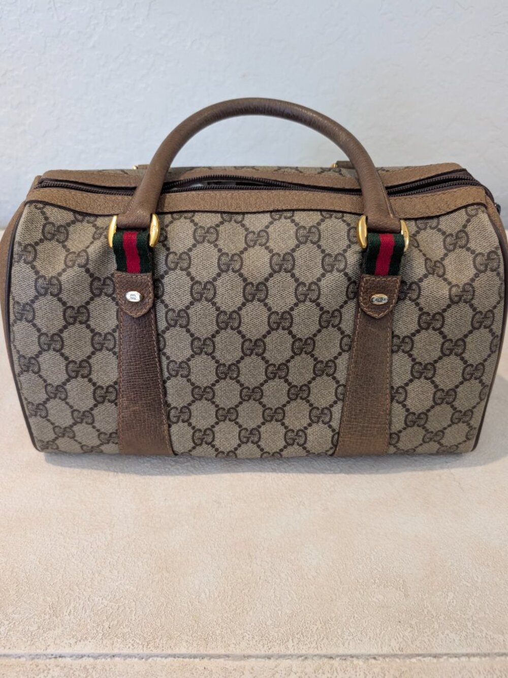 Vintage Gucci GG Monogram Boston Bag Brown Mahogany Web Stripe Top Handle Satche - Picture 2 of 10